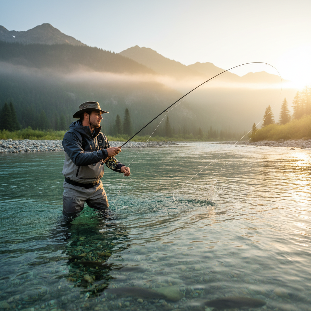 A professional fly fisherman standing waist-deep in a crystal-clear mountain river at sunrise, casting a line with a graceful arc, misty mountains in the background, cinematic lighting, 8k resolution, photorealistic style.
