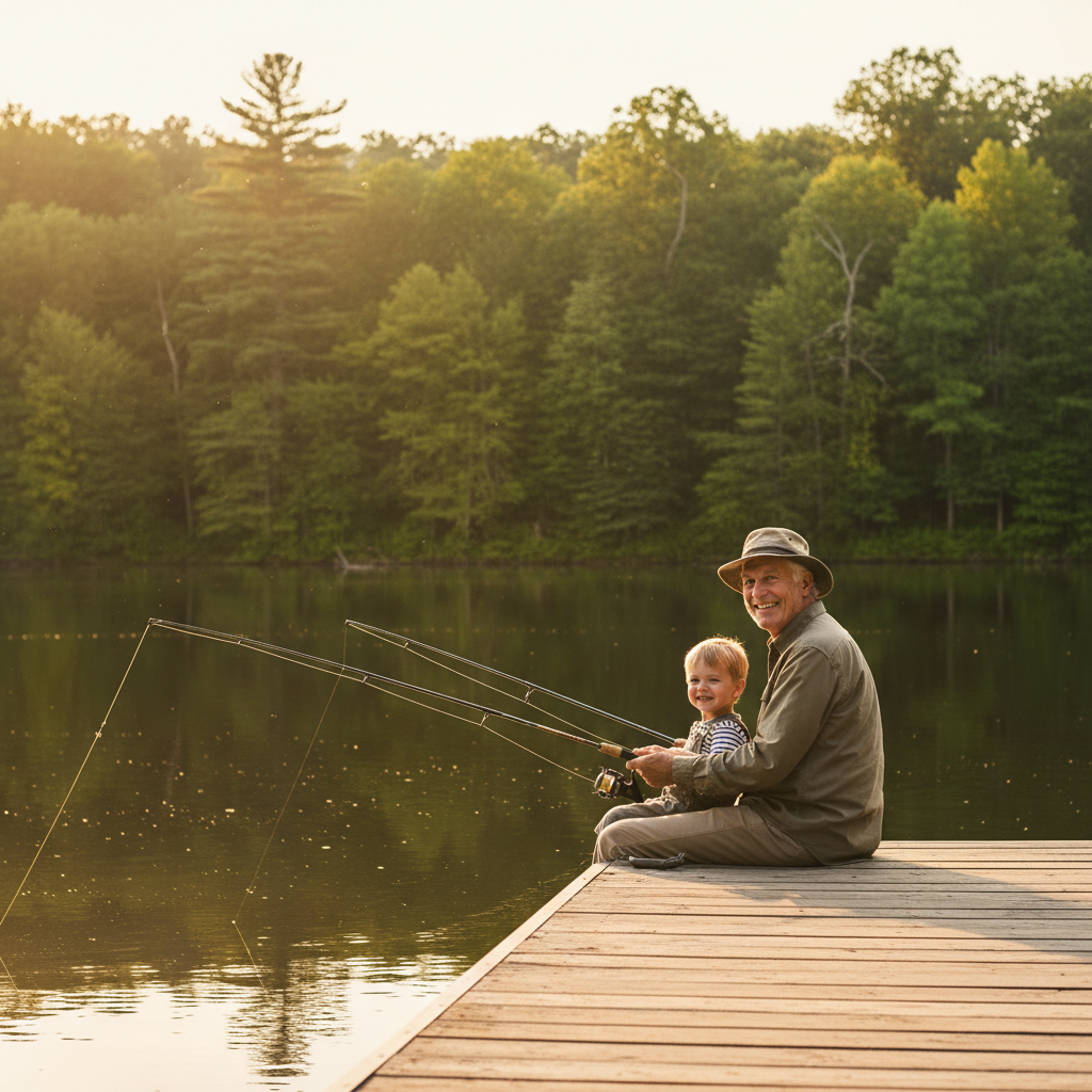 A heartwarming scene of an elderly man and a young child sitting side-by-side on a quiet lake dock, holding fishing rods and smiling, lush green forest surroundings, warm golden hour sunlight.