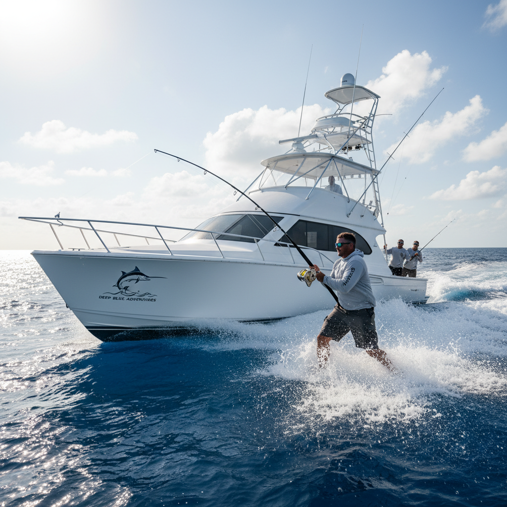 Dynamic action shot of deep-sea fishing from a modern white sportfishing boat on the vibrant blue ocean, a fishing rod bent under tension, water splashing against the hull, bright sunny day.
