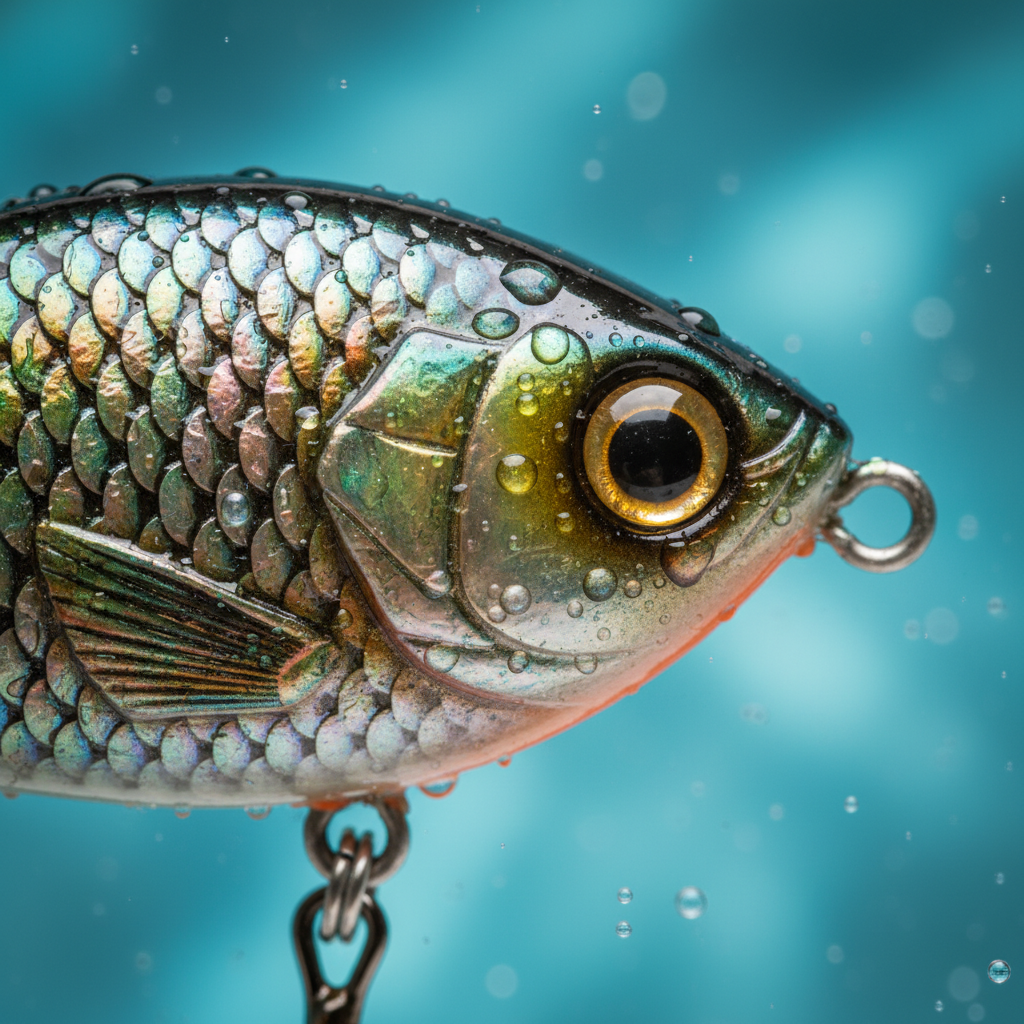 Extreme macro photography of a colorful artificial fishing lure with realistic scales and eyes, water droplets glistening on its surface, blurred water background, high-end commercial style.